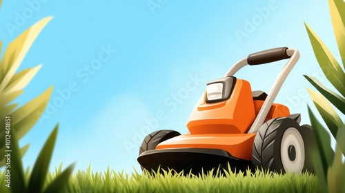 The lawnmower, painted in striking orange, stands still on the expanse of lush green grass, embodying the tranquility and peace in a well-managed garden. photo