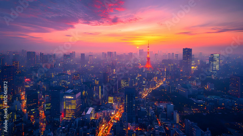 Tokyo Skyline Sunset Illustration - Cityscape, Japan, Urban, Architecture, Night, Lights, Buildings