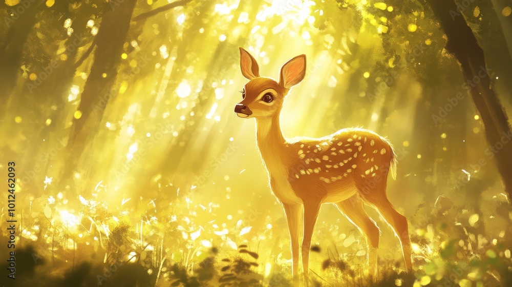 A small deer is standing in a field of grass. The sun is shining brightly, casting a warm glow on the scene. Concept of peace and tranquility A small deer is standing in a field of grass. The sun is shining brightly, casting a warm glow on the scene. Concept of peace and tranquility