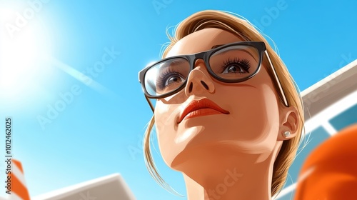 A sophisticated woman with striking glasses poses under bright sunlight, merging style and enthusiasm with elements of modern aviation and clear skies. photo