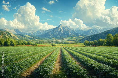 A picturesque view of a field of crops stretching towards a mountain range under a bright blue sky with puffy clouds.