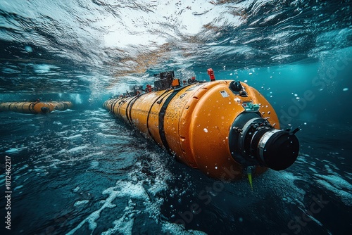 A yellow underwater drone with a camera attached to the front, partially submerged in the ocean, with a blurry background of the water surface. photo