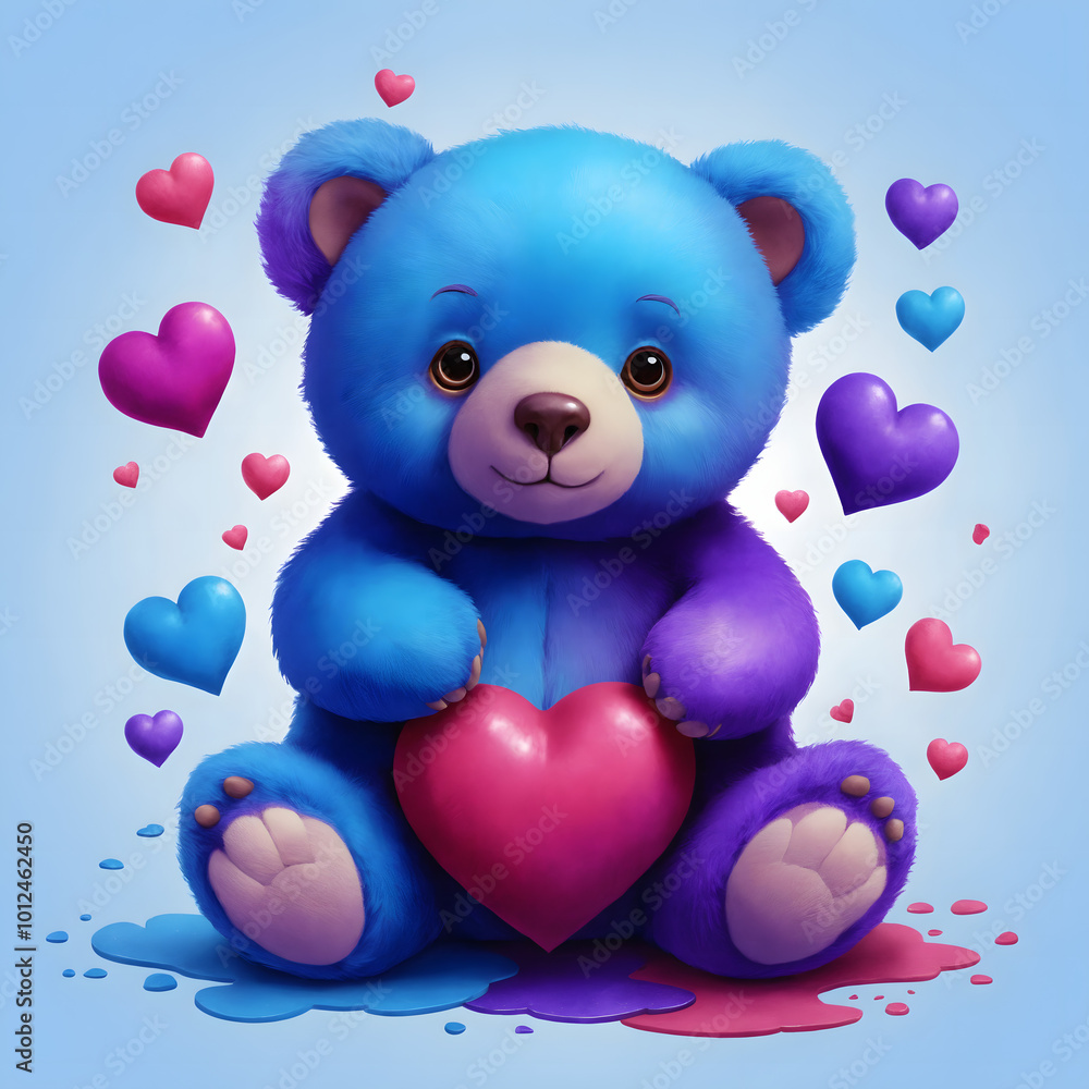 Cute blue and purple teddy bear holding a heart with colorful hearts on a light background Cute blue and purple teddy bear holding a heart with colorful hearts on a light background