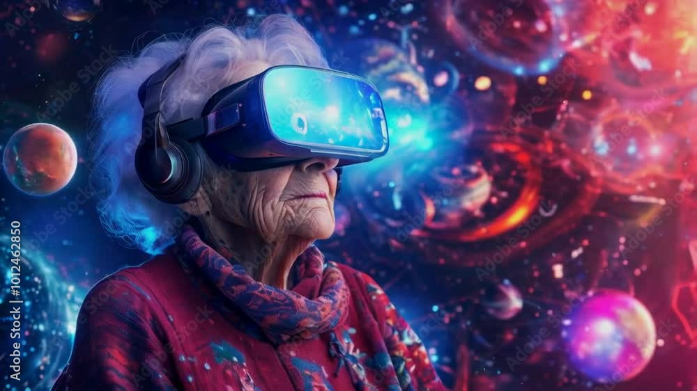 An elderly woman experiences virtual reality against a cosmic background. An elderly woman experiences virtual reality against a cosmic background.