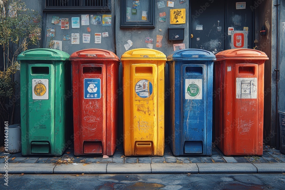 Five colorful recycling bins stand in a row on a city street.