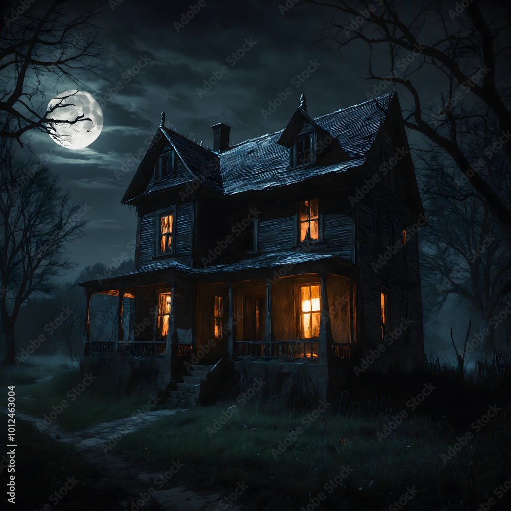 Creepy haunted house at night with glowing windows and a full moon in a dark atmosphere Creepy haunted house at night with glowing windows and a full moon in a dark atmosphere