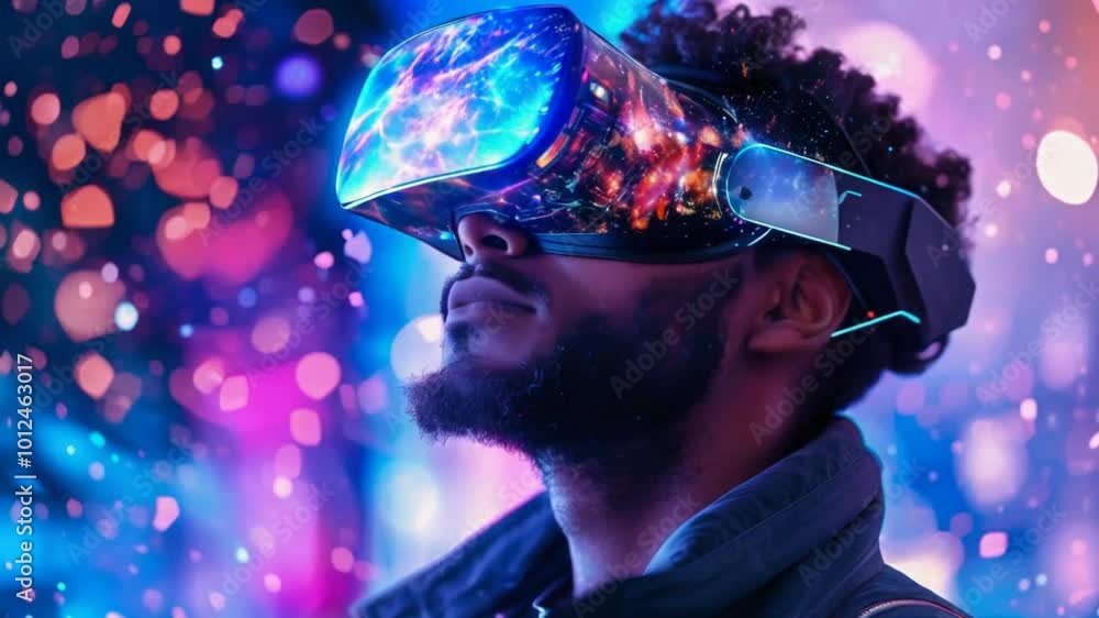 A person wearing futuristic VR goggles, immersed in a vibrant digital environment. A person wearing futuristic VR goggles, immersed in a vibrant digital environment.