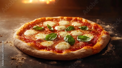 Brick oven handmade pizza margarita from Naples. Napoleon Italian Pizza topped with fresh basil leaves and mozzarella. Margherita pizza made the old-fashioned way in Italy.pizza neapolitana