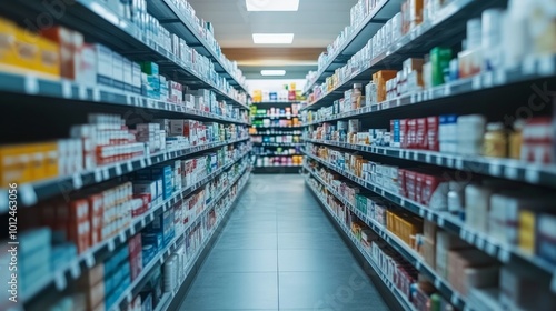 An aisle in a pharmacy with shelves stocked with various medications and healthcare products.