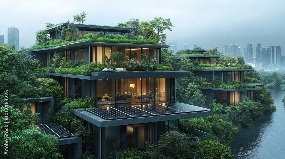 Modern, eco-friendly multi-level home with rooftop gardens and solar panels overlooking a city skyline. Modern, eco-friendly multi-level home with rooftop gardens and solar panels overlooking a city skyline.