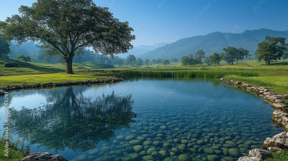 Tranquil pond with clear water reflecting a lone tree and mountains in the background. Tranquil pond with clear water reflecting a lone tree and mountains in the background.