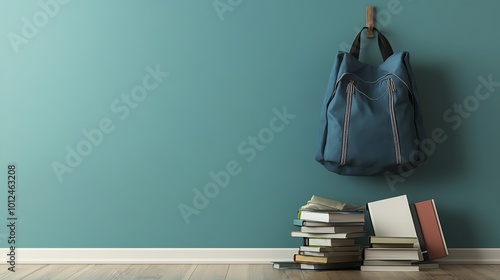 Cozy study corner with a pile of books on the floor and a blue backpack hanging on a hook against a teal wall, capturing a minimalist aesthetic.