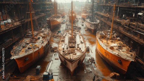 A shipyard with multiple boats under construction.