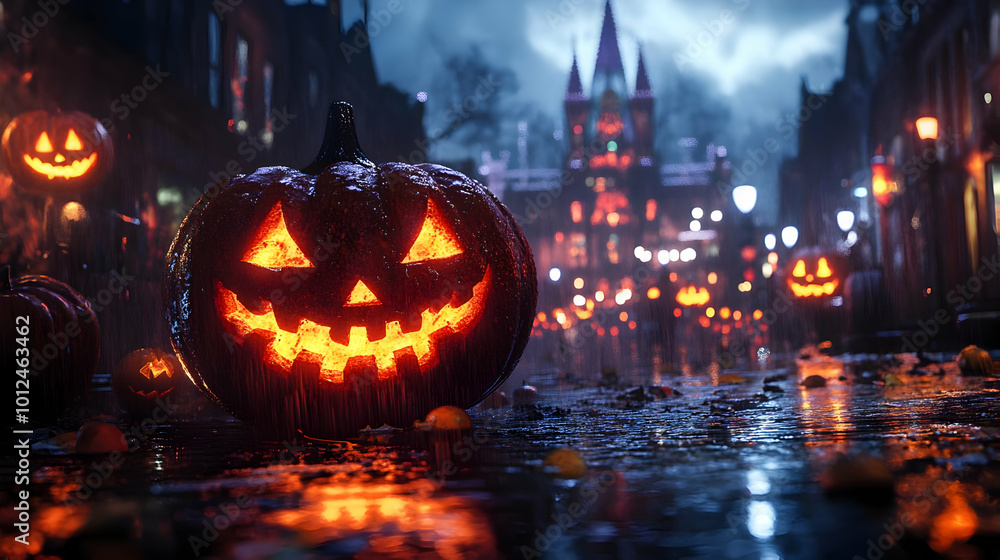 Illustration of Halloween Pumpkin on Rainy Street Illustration of Halloween Pumpkin on Rainy Street
