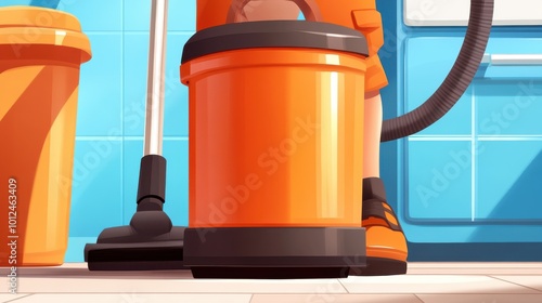 A bright orange vacuum cleaner is poised for action, set against a colorful backdrop, highlighting its readiness to tackle any vibrant cleaning challenge ahead. photo