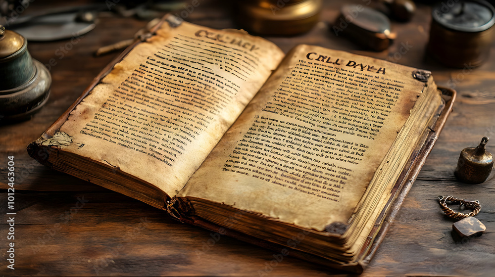 Obraz premium Ancient Book with Intricate Script and Worn Leather Binding