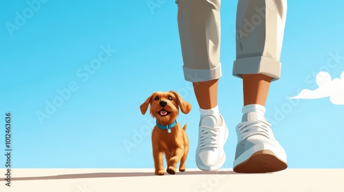 Under a vibrant blue sky, an animated dog joyfully walks beside its owner, illustrating a moment of carefree fun and companionship in an outdoor setting.