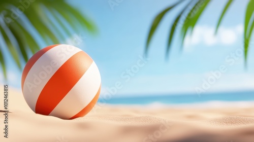 An orange and white striped beach ball rests on a sunlit sandy beach, framed by palm leaves, evoking a sense of tropical relaxation and summer fun. photo