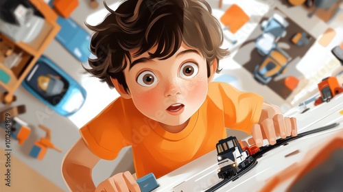 Wallpaper Mural A curious child peers intently at a model train set, with wide eyes and a surprised expression, conveying fascination and concentration amidst colorful toys on a table. Torontodigital.ca