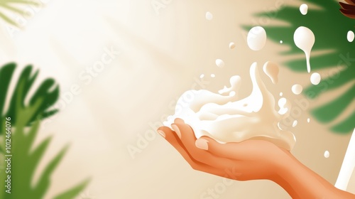 A hand gracefully holding fluffy soap bubbles, set against a natural, leafy backdrop, epitomizing cleanliness and tranquility in an artistic rendering.