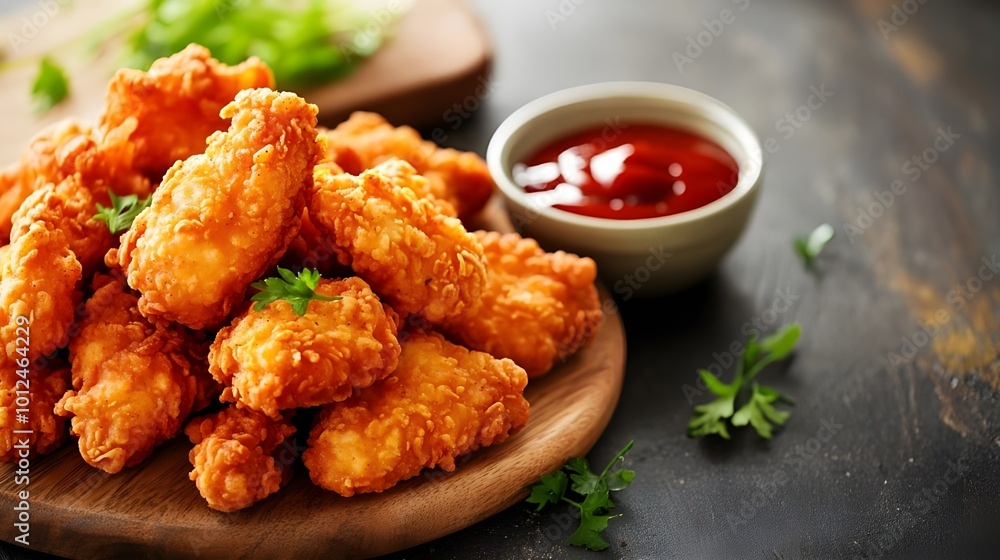 Crispy Chicken Nuggets on a Wooden Plate. Crispy Chicken Nuggets on a Wooden Plate.