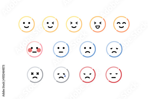 Happy, sad, angry, tired emoji face emoticon set. Round emoji with different mood. Feeling, emotion, facial expression concept. Outlined cartoon character vector design isolated illustration.