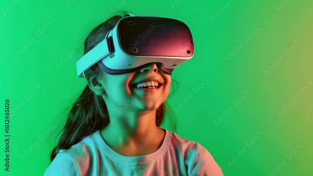 A child enjoying a virtual reality experience with a joyful expression. A child enjoying a virtual reality experience with a joyful expression.