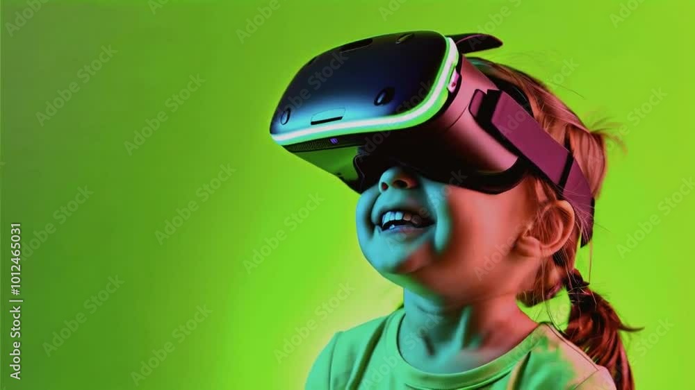 A child enjoying virtual reality with a joyful expression. A child enjoying virtual reality with a joyful expression.