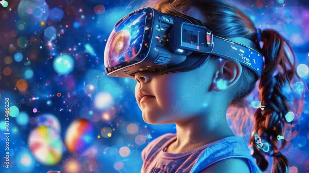 A child wearing a futuristic VR headset, immersed in a colorful cosmic environment. A child wearing a futuristic VR headset, immersed in a colorful cosmic environment.