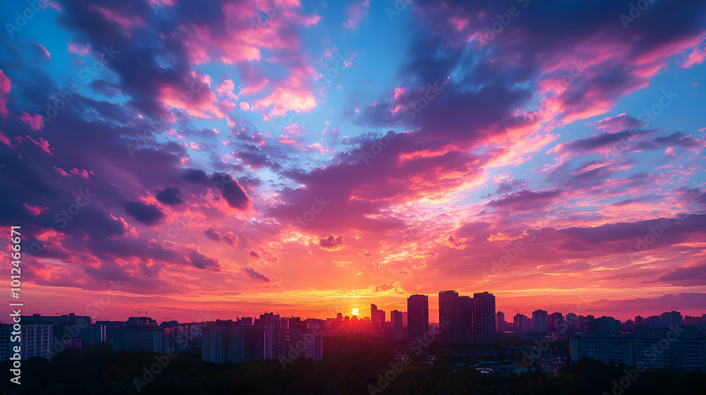 Vibrant Sunset Photo over a City Skyline Vibrant Sunset Photo over a City Skyline