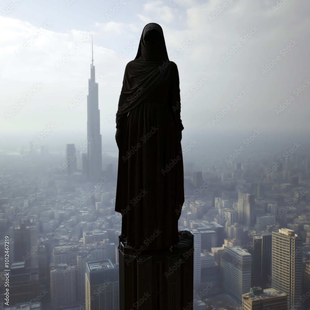 A mysterious, hooded figure stands tall atop a skyscraper in a futuristic cityscape, shrouded in darkness.