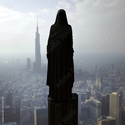 Obraz na płótnie A mysterious, hooded figure stands tall atop a skyscraper in a futuristic cityscape, shrouded in darkness. w salonie