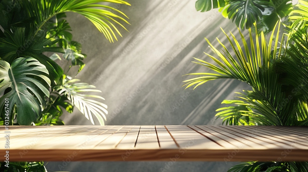 3D render empty fine teak wood table with clear mirror effect reeded glass shower screen and tropical green fan palm plants under sunlight in background for natural products display backdrop 3D render empty fine teak wood table with clear mirror effect reeded glass shower screen and tropical green fan palm plants under sunlight in background for natural products display backdrop