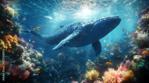 A majestic blue whale gracefully glides through a vibrant coral reef, surrounded by colorful fish.