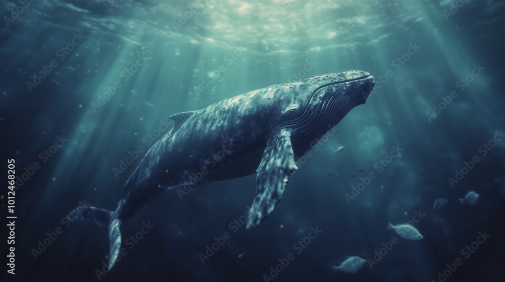 A majestic humpback whale swims through the ocean, illuminated by sunlight filtering through the water.