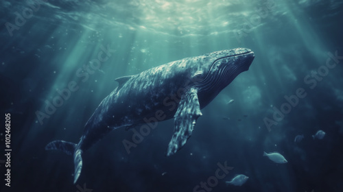 Obraz na płótnie A majestic humpback whale swims through the ocean, illuminated by sunlight filtering through the water. w salonie