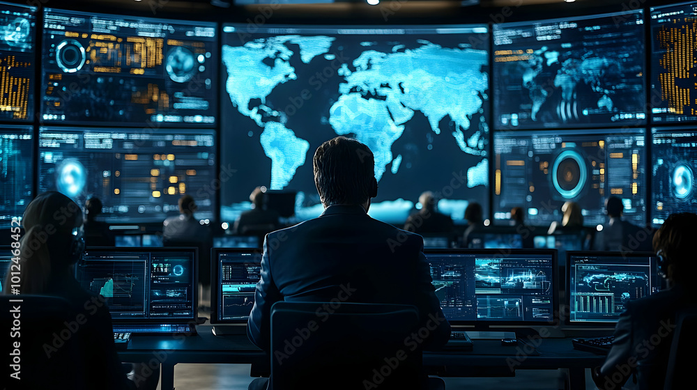 Global Business Analytics Illustration: Data Analysis Center with World Map Global Business Analytics Illustration: Data Analysis Center with World Map