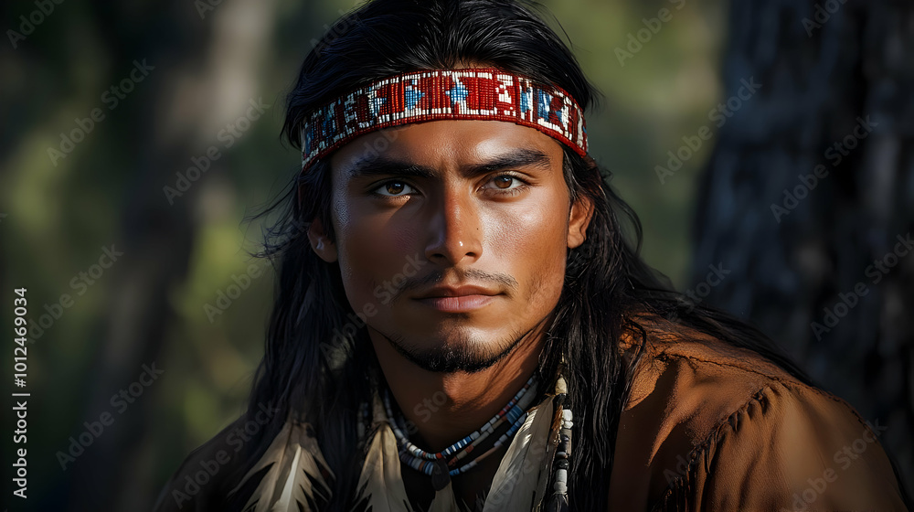 Native American Man with Long Black Hair and Traditional Headband Native American Man with Long Black Hair and Traditional Headband