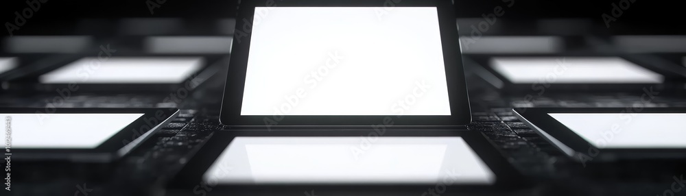 Hyper-realistic photo of multiple tablets lined up displaying Cyber Monday sales, with a huge blank area for promotional text in the center hyper realistic photo Hyper-realistic photo of multiple tablets lined up displaying Cyber Monday sales, with a huge blank area for promotional text in the center hyper realistic photo