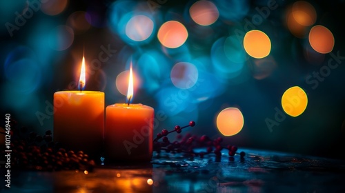 Two burning candles on a table with red berries in the foreground and a blurred background of blue and orange bokeh lights.