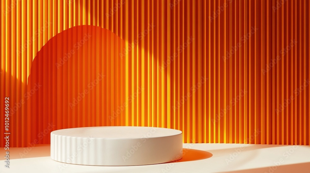 3D orange cylinder podium background with white pedestal in circle window and vertical pattern scene. Minimal mockup product stage showcase, banner promotion display. Abstract vector geometric forms. 3D orange cylinder podium background with white pedestal in circle window and vertical pattern scene. Minimal mockup product stage showcase, banner promotion display. Abstract vector geometric forms.