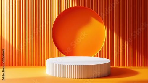 3D orange cylinder podium background with white pedestal in circle window and vertical pattern scene. Minimal mockup product stage showcase, banner promotion display. Abstract vector geometric forms.
