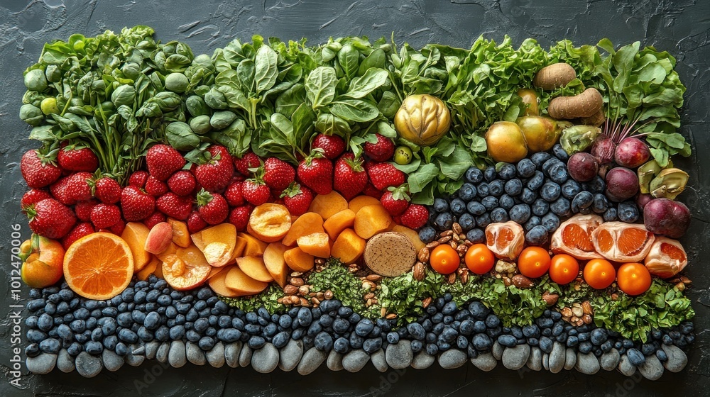 A colorful rainbow of fresh fruits and vegetables, arranged in a flat lay on a dark background. A colorful rainbow of fresh fruits and vegetables, arranged in a flat lay on a dark background.