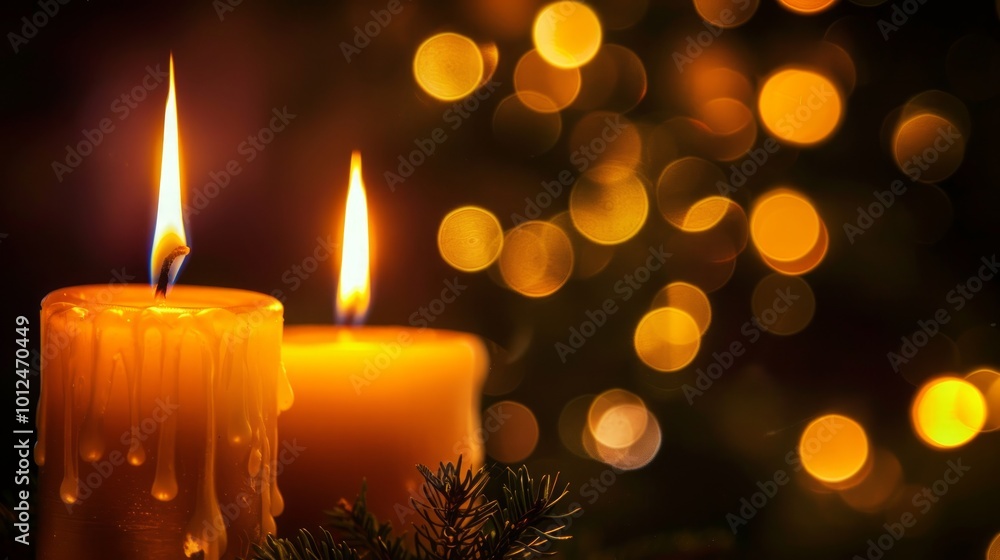 Two lit candles with dripping wax against a background of golden bokeh. Two lit candles with dripping wax against a background of golden bokeh.