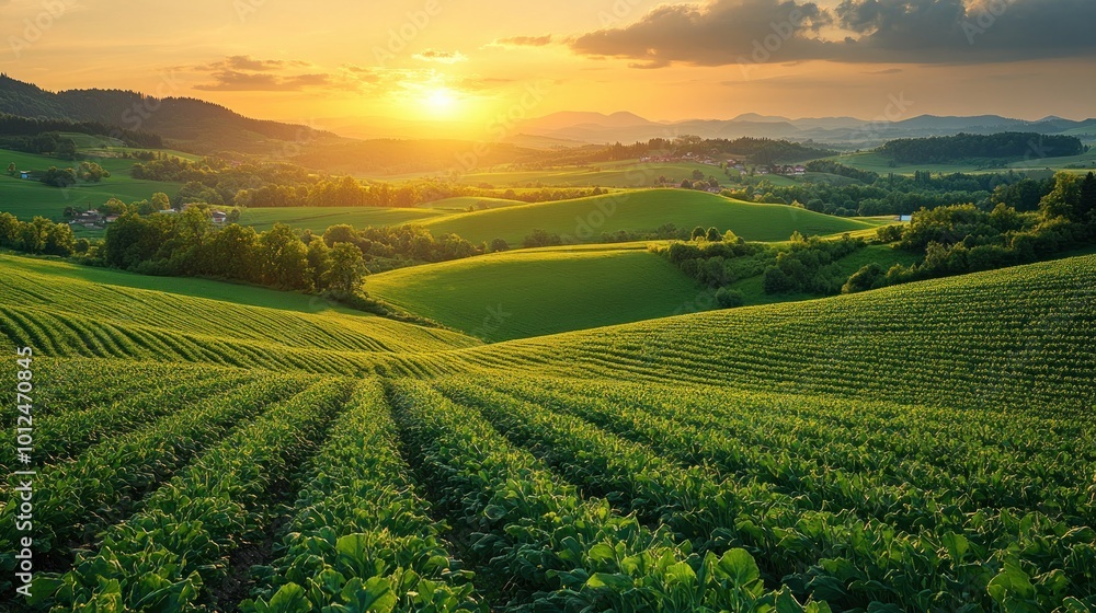 Naklejka premium A picturesque sunset over a rolling green field.