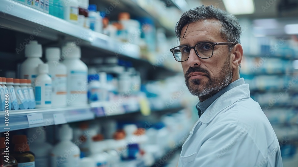 Pharmacy specialist: male pharmacist, demonstrating professionalism and skill in a modern pharmacy environment, with aon his attentive role in providing medication and health advice. Pharmacy specialist: male pharmacist, demonstrating professionalism and skill in a modern pharmacy environment, with aon his attentive role in providing medication and health advice.
