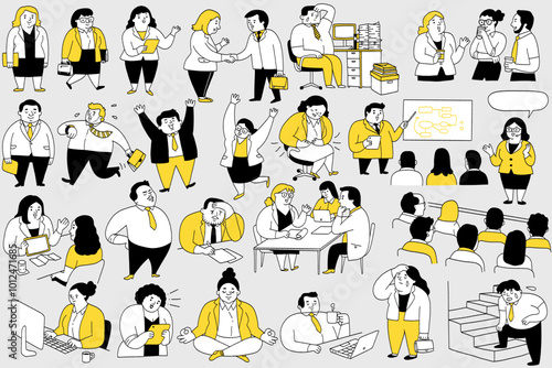 Cute character illustration of fat business man and woman in various actions and poses. Outline, thin line art, hand drawn sketch design, simple style.