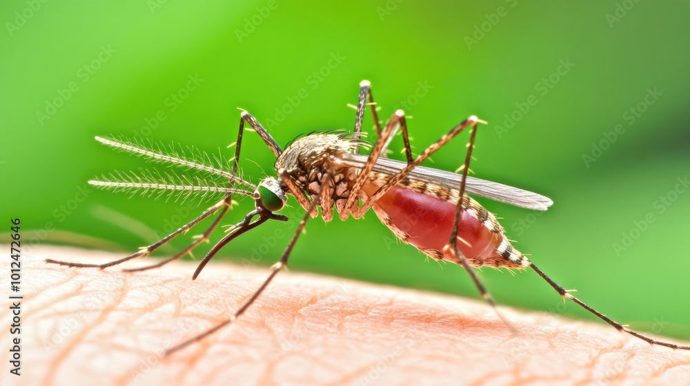 Realistic shot of a mosquito on a human arm, its red abdomen and slender legs clearly visible, emphasizing the texture of both skin and insect. Realistic shot of a mosquito on a human arm, its red abdomen and slender legs clearly visible, emphasizing the texture of both skin and insect.