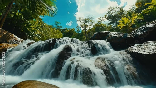 A Serene Waterfall Cascading Down Smooth Rocks Amidst Lush Tropical Greenery