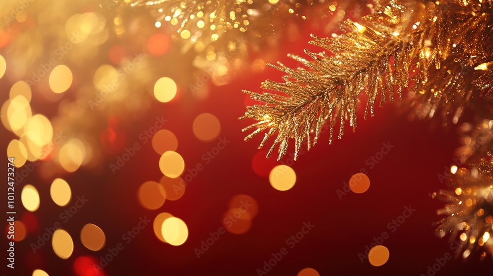 Christmas decoration border with fir branches and golden glitter confetti and sparkles of lights blur bokeh on red background. Bright Christmas and New Year design holiday frame Christmas decoration border with fir branches and golden glitter confetti and sparkles of lights blur bokeh on red background. Bright Christmas and New Year design holiday frame